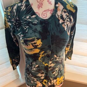 Ann Taylor teal blue multi color cotton blend fitted Sweater